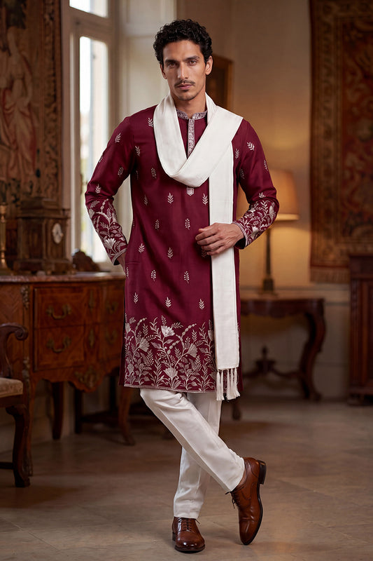 Ethnic Bay Men Maroon Silk Blend Solid Embroidered Straight Kurta with Dupatta MKUD1945