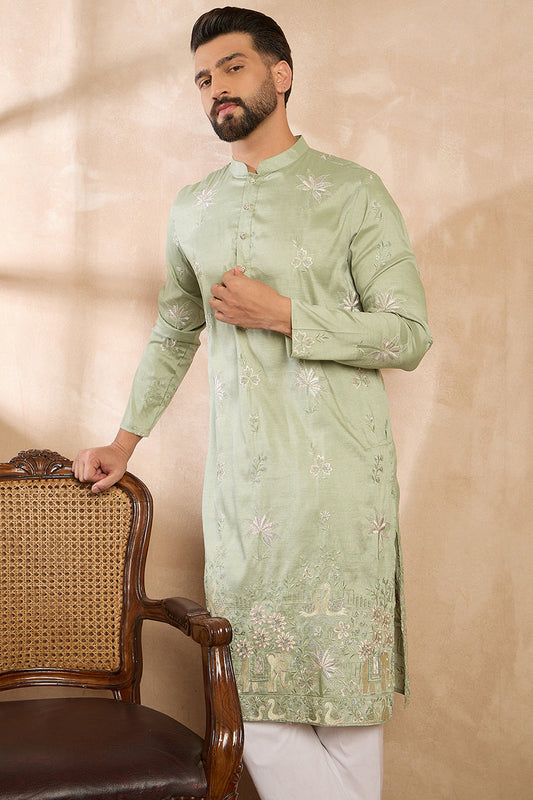 Olive Silk Blend Solid Embroidered Straight Kurta MKU1682
