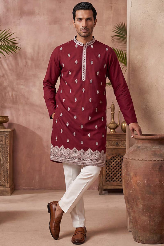 Ethnic Bay Silk Blend Maroon Solid Embroidered Calf Length Straight Kurta With Trousers MKSET2270
