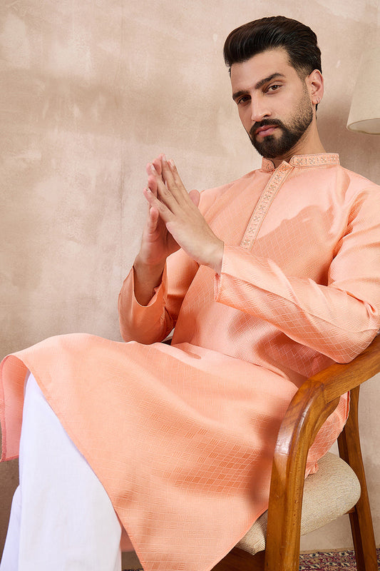 Peach Silk Blend Solid Embroidered Straight Kurta With Trouser MKSET1840