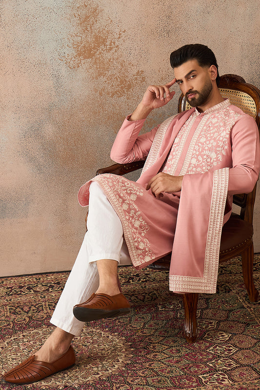 Ethnic Bay Mens Peach Silk Blend Solid Embroidered Kurta With Dupatta MKUD1041