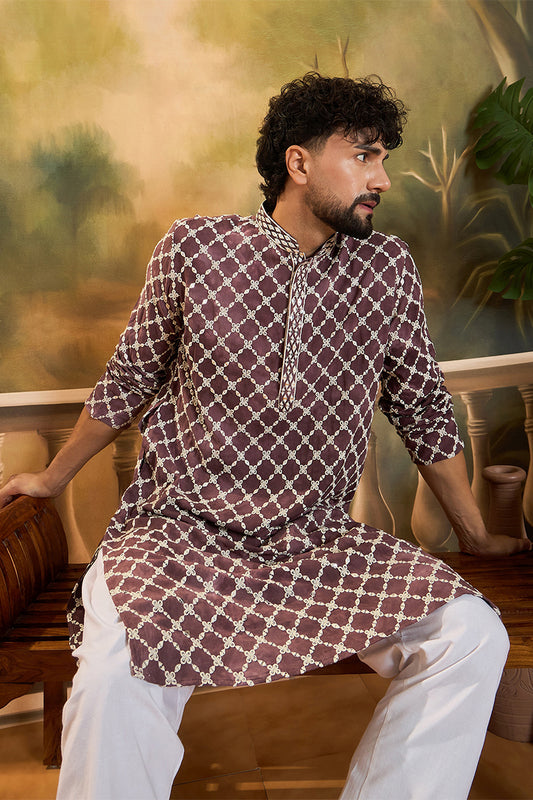 Ethnic Bay Dusty Purple Silk Blend Embroidered Straight Kurta With Trousers MKSET1418