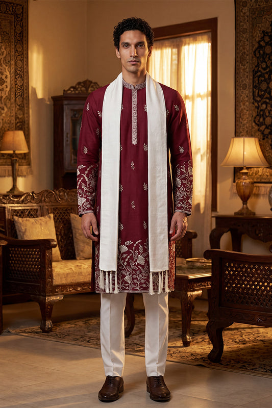 Ethnic Bay Men Maroon Silk Blend Solid Embroidered Straight Kurta Trouser with Dupatta MKPD1945