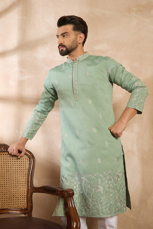 Green Silk Blend Solid Embroidered Straight Kurta MKU1783