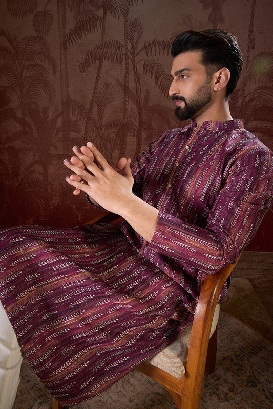 Purple Silk Blend Striped Printed Straight Kurta MKU1905