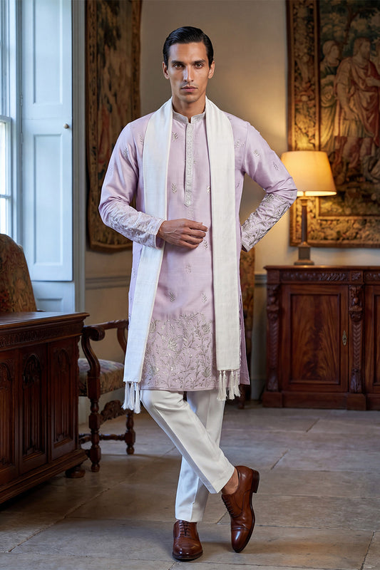 Ethnic Bay Men Lavender Silk Blend Floral Embroidered Straight Kurta Sets MKUD1781