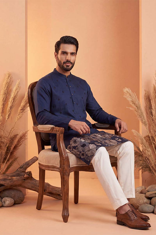 Ethnic Bay Mens Blue Silk Blend Solid Embroidered Kurta With Trousers MKSET2065