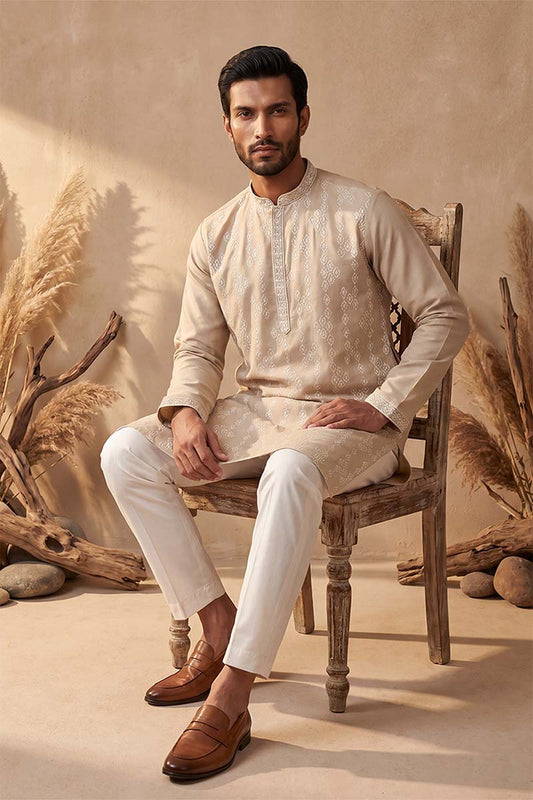 Ethnic Bay Mens Beige Silk Blend Solid Embroidered Kurta With Trousers MKSET2089