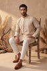 Ethnic Bay Mens Beige Silk Blend Solid Embroidered Kurta With Trousers MKSET2089