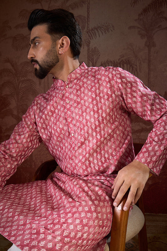Pink Silk Blend Ethnic Motifs Printed Straight Kurta With Trouser MKSET1938