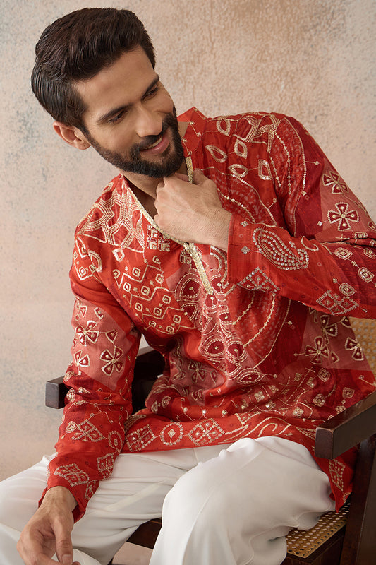 Ethnic Bay Mens Orange Modal Ethnic Motifs Printed Kurta With Trouser MKSET2457