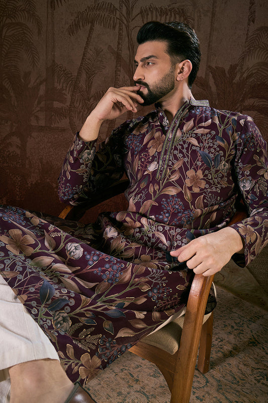 Purple Silk Blend Floral Printed Straight Kurta With Trouser MKSET1957