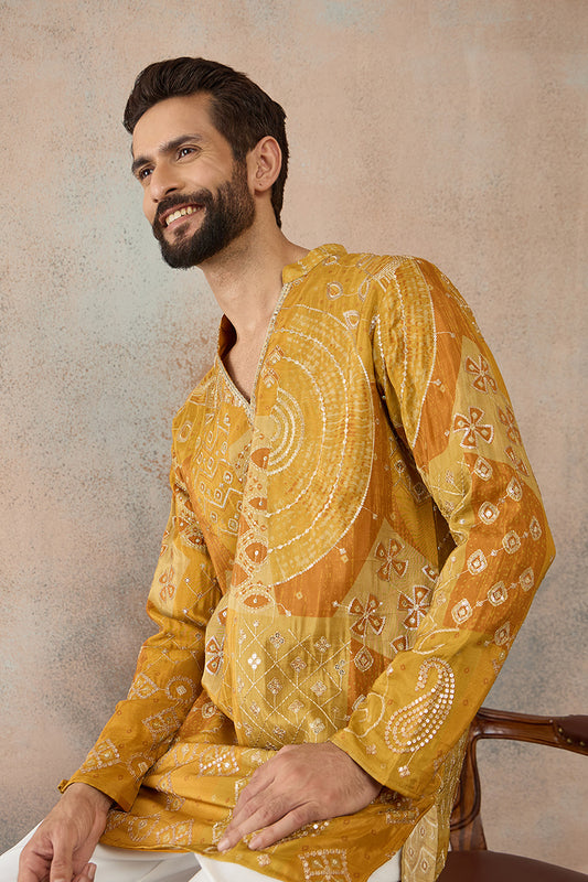 Ethnic Bay Mens Mustard Silk Blend Ethnic Motifs Embroidered Kurta MKU2456