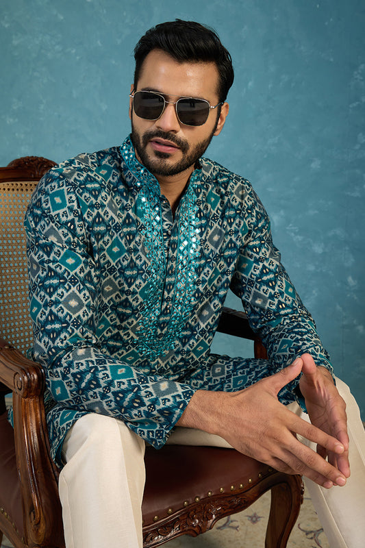 Ethnic Bay Mens Sea Green Silk Blend Ethnic Motifs Ikat Printed Kurta MKU1893