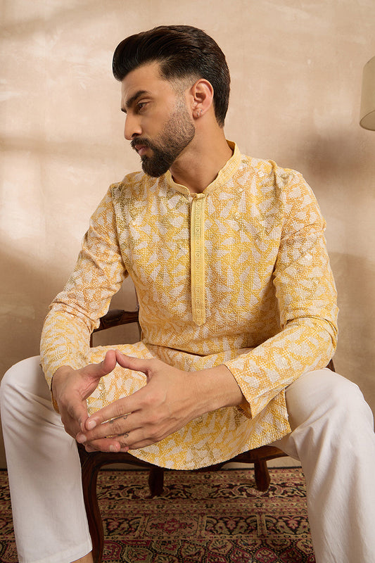 Yellow Viscose Rayon Printed Mandarin Collar Straight Kurta MKU1657