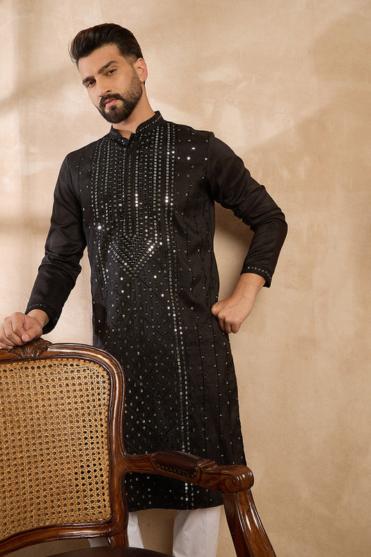 Black Silk Blend Geometric Embroidered Straight Kurta MKU1689