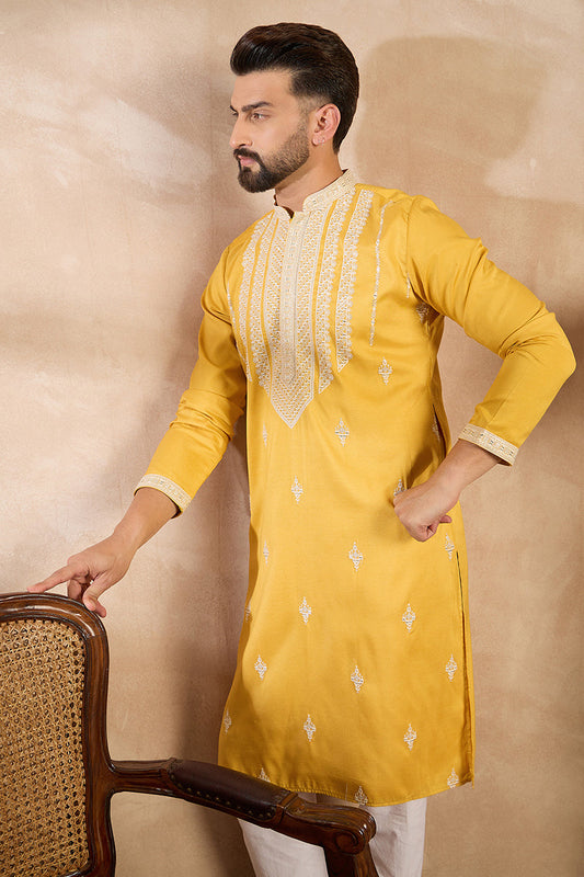 Yellow Silk Blend Geometric Embroidered Straight Kurta MKU1685
