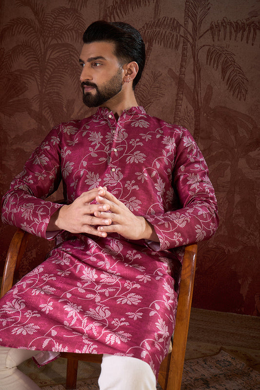 Red Silk Blend Floral Printed Straight Kurta MKU1975
