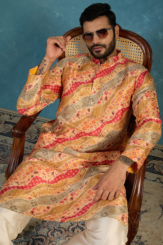 Ethnic Bay Yellow Silk Blend Printed Straight Kurta With Trousers MKSET2168