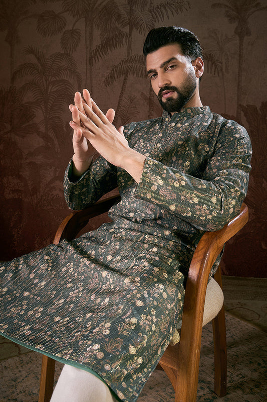 Olive Silk Blend Floral Printed Straight Kurta With Trouser MKSET1911