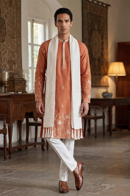 Ethnic Bay Men Peach Vartican Solid Embroidered Straight Kurta Sets MKUD1935