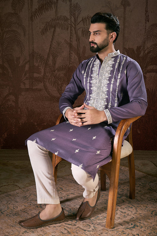 Lavender Silk Blend Solid Embroidered Straight Kurta With Trouser MKSET1792