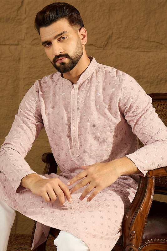 Purple Viscose Rayon Solid Embroidered Straight Kurta With Pant Set MKSET1061