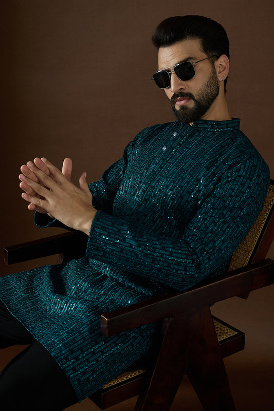 Teal Georgette Solid Embroidered Straight Kurta Sets MKSET1580