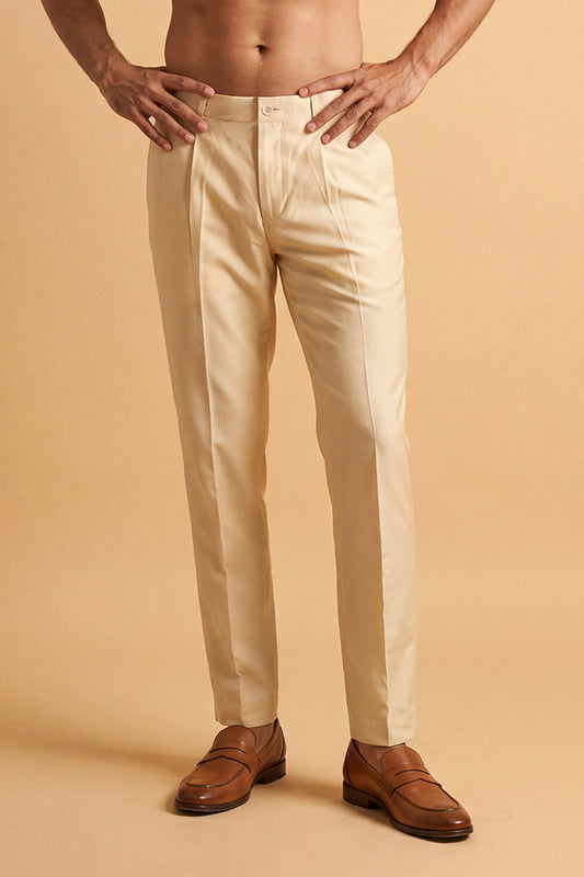Ethnic Bay Men Cream Modal Relaxed Straight Fit Pleated Trousers MBOT1009