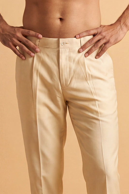 Ethnic Bay Men Cream Modal Relaxed Straight Fit Pleated Trousers MBOT1009
