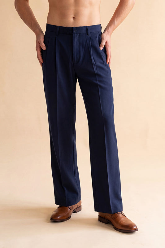 Ethnic Bay Men Blue Modal Relaxed Straight Fit Pleated Trousers MBOT1010