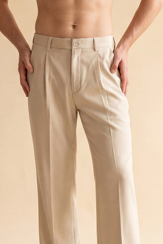 Ethnic Bay Men Cream Modal Relaxed Straight Fit Pleated Trousers MBOT1011