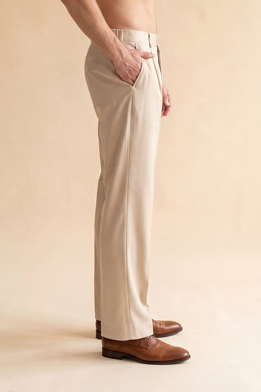 Ethnic Bay Men Cream Modal Relaxed Straight Fit Pleated Trousers MBOT1011