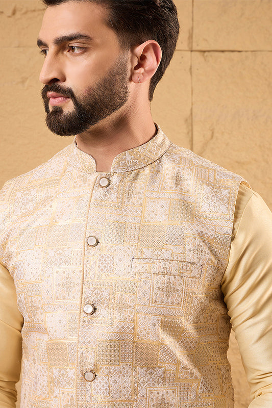 Ethnic Bay Mens Cream Silk Blend Woven Design Mandarin Collar Koti MKOT1011