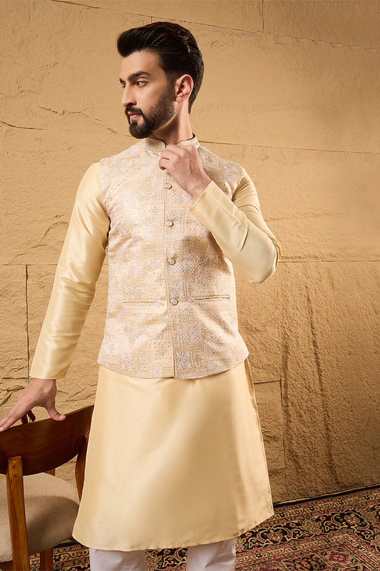 Ethnic Bay Mens Cream Silk Blend Woven Design Mandarin Collar Koti MKOT1011