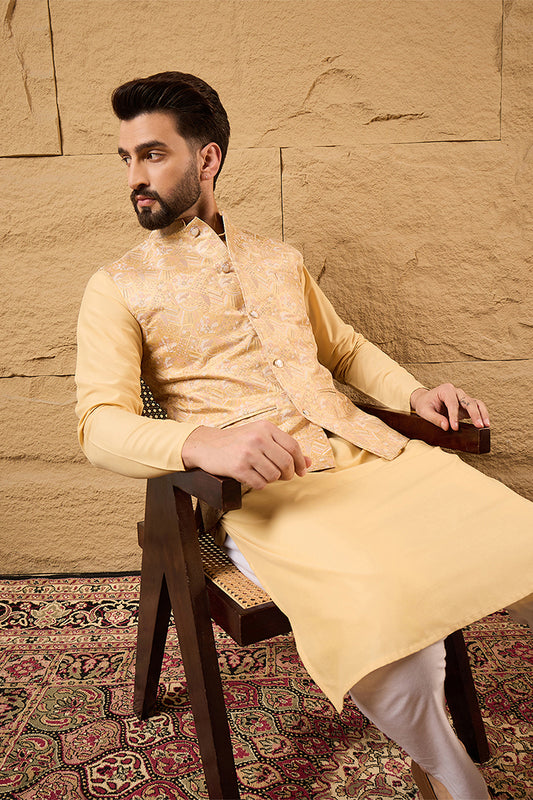 Ethnic Bay Mens Yellow Silk Blend Woven Design Mandarin Collar Koti MKOT1012