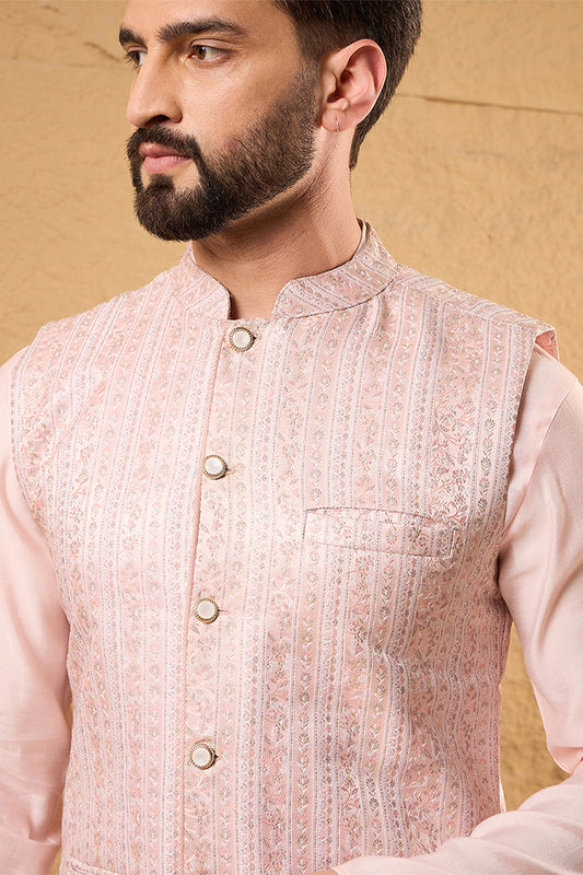 Ethnic Bay Mens Pink Silk Blend Woven Design Mandarin Collar Koti MKOT1013