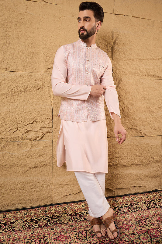 Ethnic Bay Mens Pink Silk Blend Woven Design Mandarin Collar Koti MKOT1013