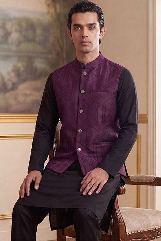 Ethnic Bay Mens Purple Jacquard Woven Design Solid Koti MKOT1030