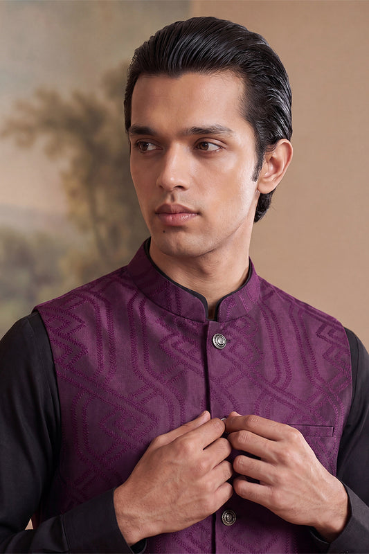 Ethnic Bay Mens Purple Jacquard Woven Design Solid Koti MKOT1030