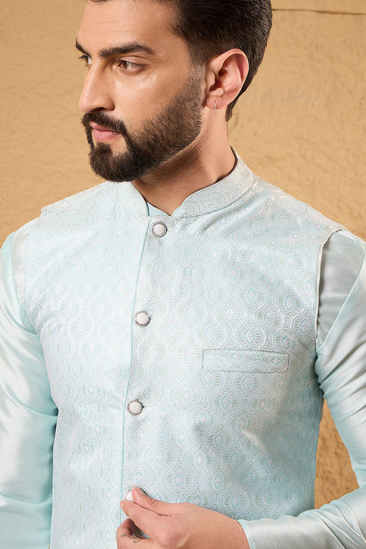 Ethnic Bay Mens Blue Jacquard Woven Design Mandarin Collar Koti MKOT1038