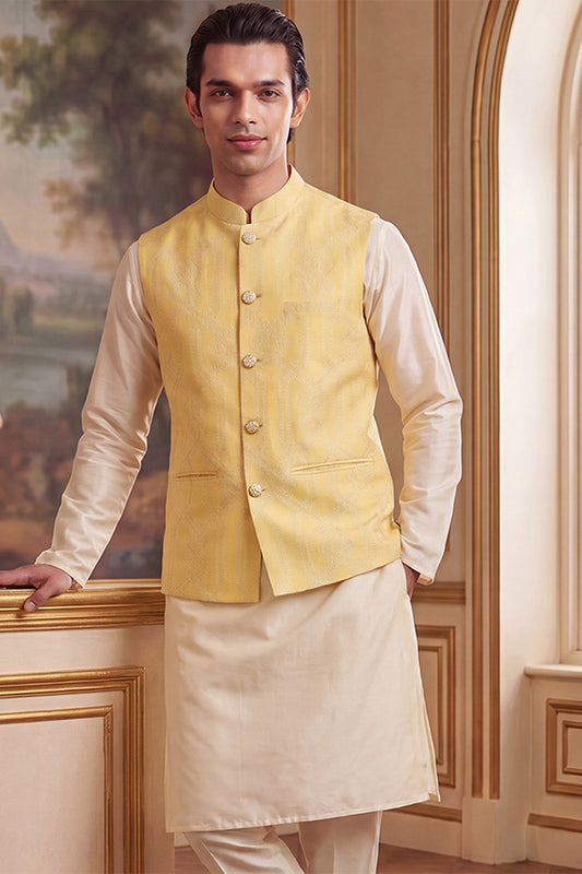 Ethnic Bay Mens Yellow Jacquard Woven Design Solid Koti MKOT1040