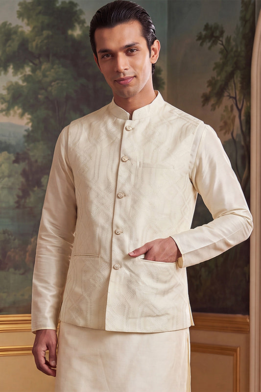 Ethnic Bay Mens Off White Jacquard Woven Design Solid Koti MKOT1042