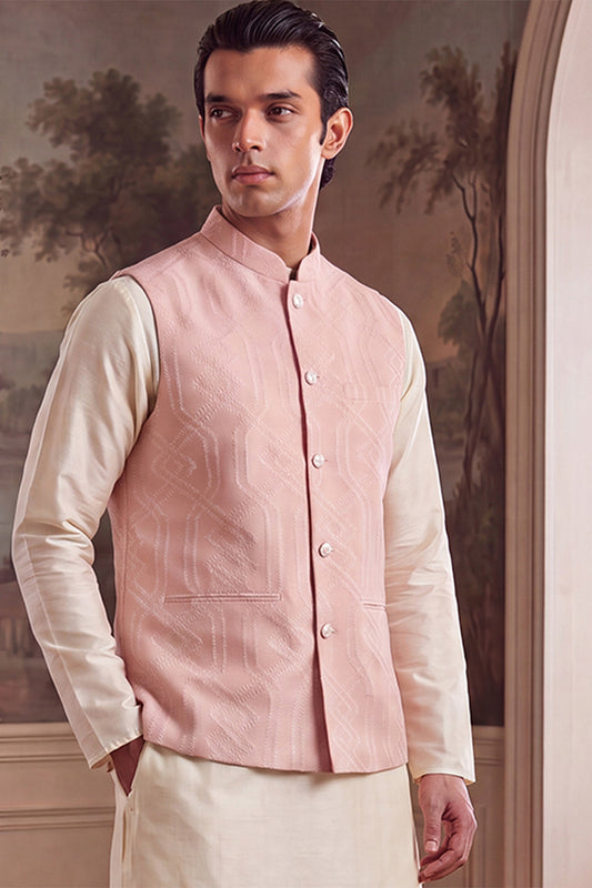 Ethnic Bay Mens Pink Jacquard Woven Design Mandarin Collar Koti MKOT1043
