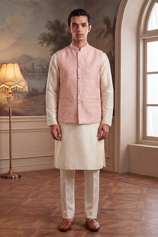 Ethnic Bay Mens Pink Jacquard Woven Design Mandarin Collar Koti MKOT1043