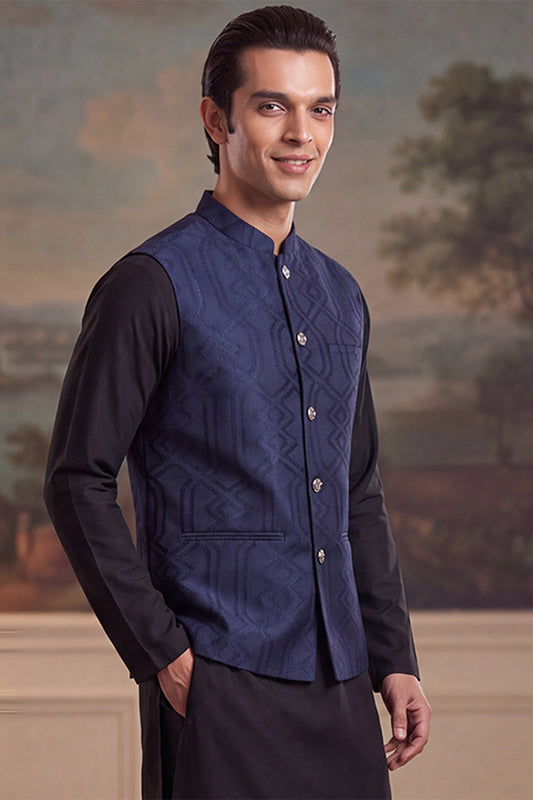 Ethnic Bay Mens Violet Jacquard Woven Design Mandarin Collar Koti MKOT1045