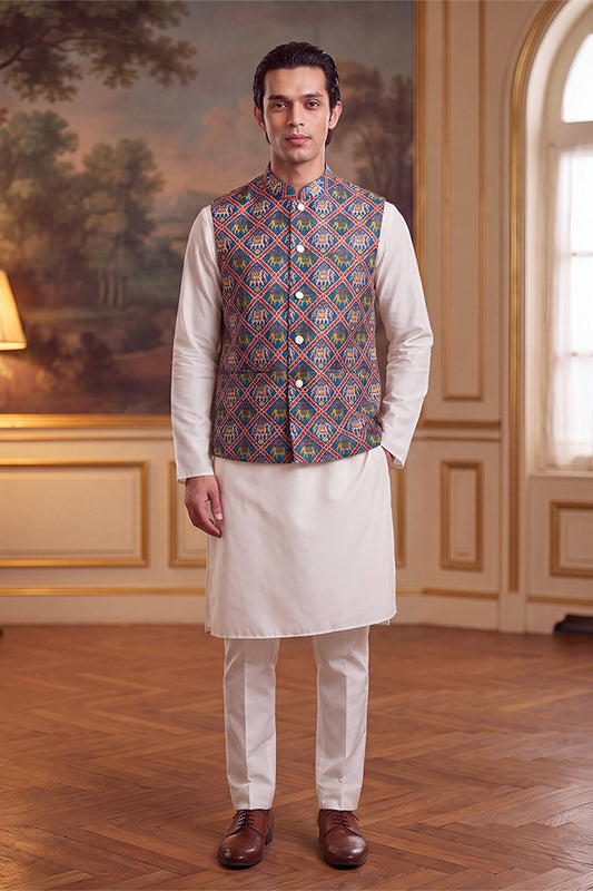 Ethnic Bay Mens Blue Silk Blend Patola Print Mandarine Collar Koti MKOT1049