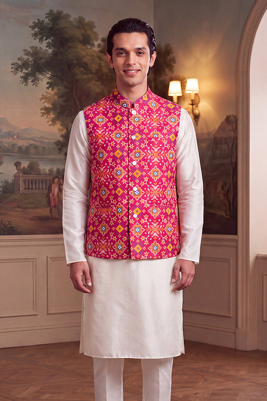 Ethnic Bay Mens Pink Silk Blend Patola Print Mandarine Collar Koti MKOT1051