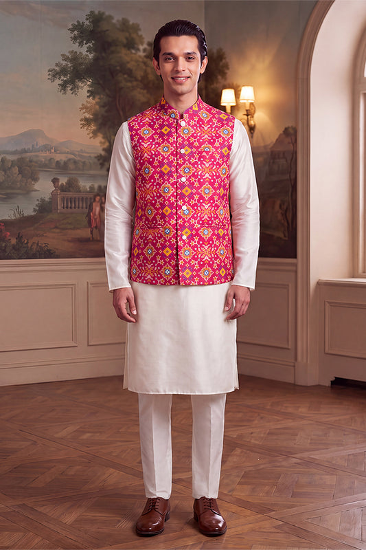 Ethnic Bay Mens Pink Silk Blend Patola Print Mandarine Collar Koti MKOT1051