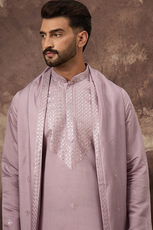 Lavender Silk Blend Solid Embroidered Straight Kurta with Dupatta MKUD1002